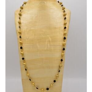 Austrian Crystal USA Vintage Necklace Black Open Bezel Gold Ball Signed 80s Bin8